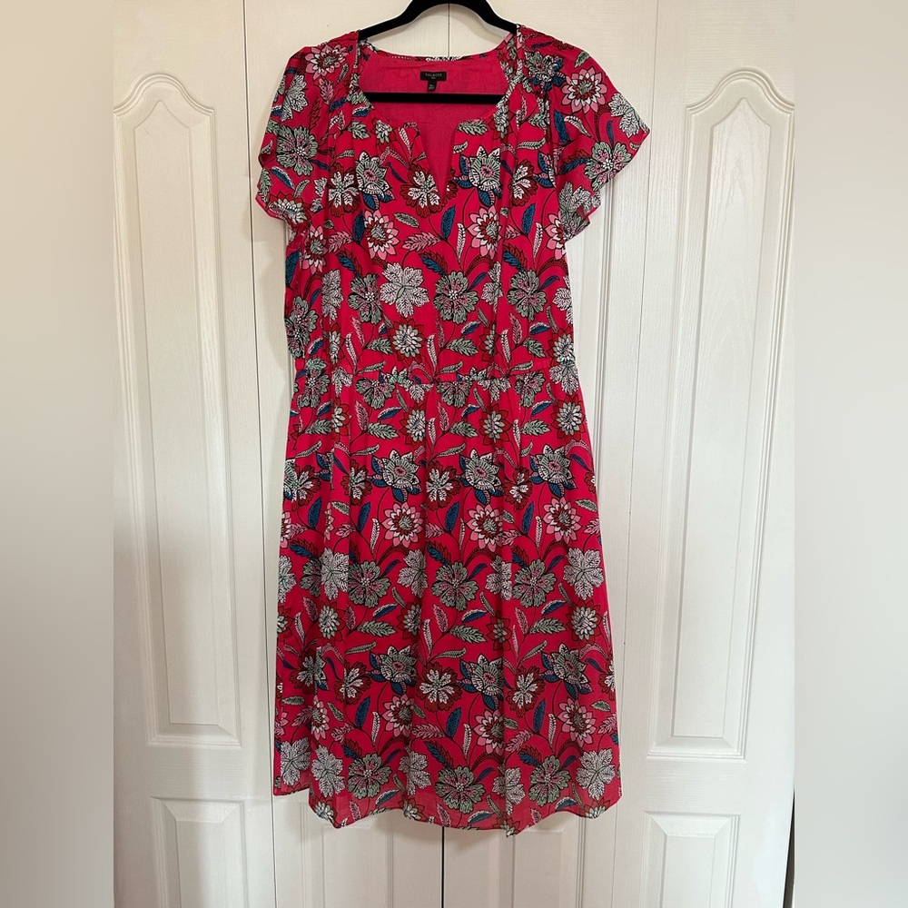 Talbots Red Floral Poplin Midi Dress with Blue and White Accents